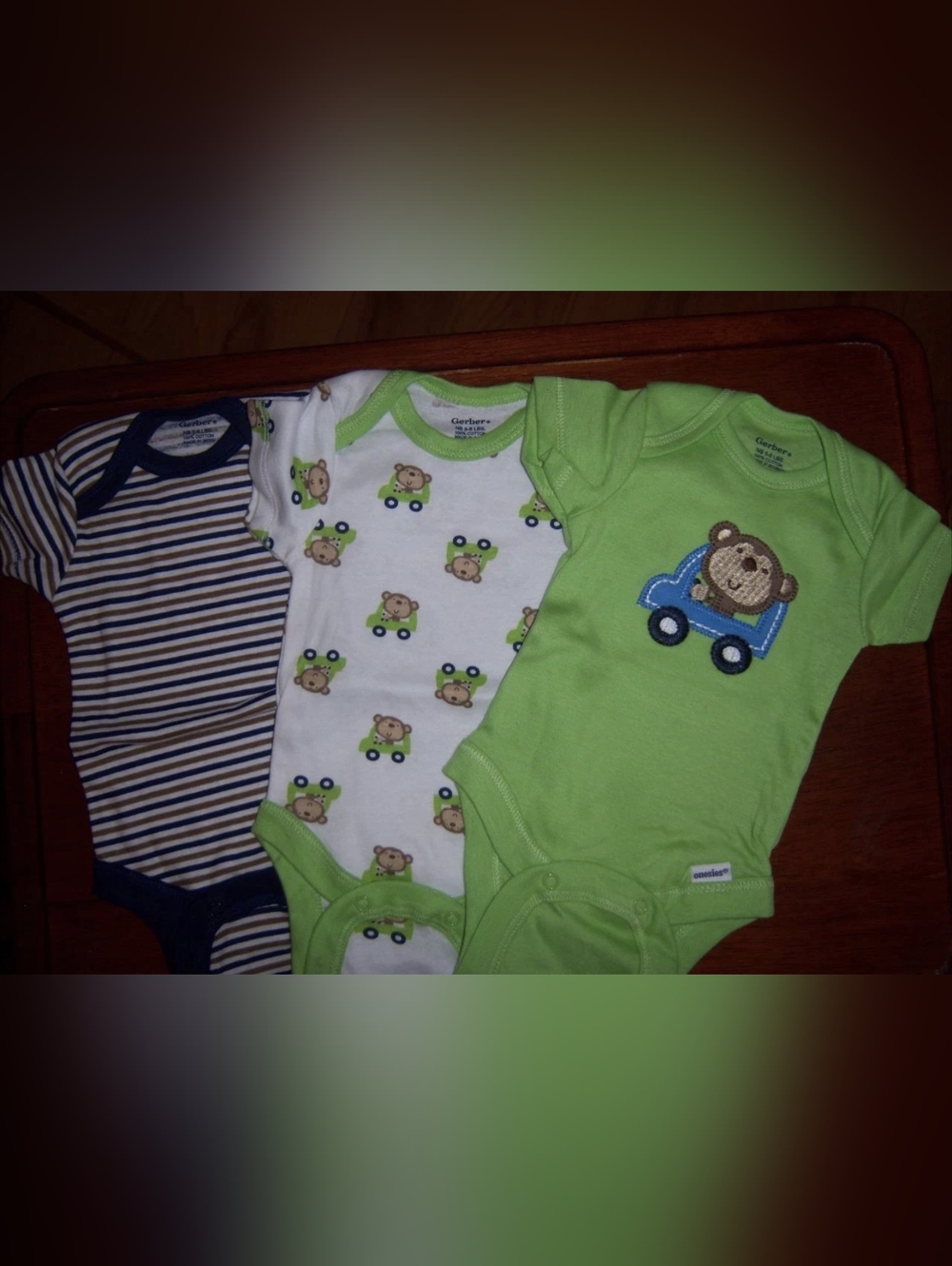 NWT Gerber Newborn Baby Boy Onesies 3-Pack Monkey Car Bodysuits Green Blue